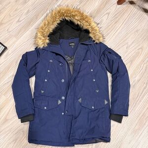 Express Navy Puffer Jacket with Faux Fur Hood